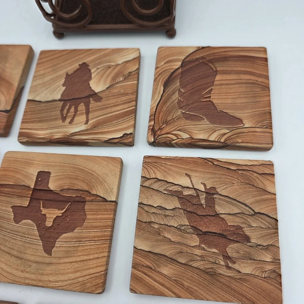 King Ranch Engraved Sanded Tile Coaster Set with Holder Western Horses Texas 9pc